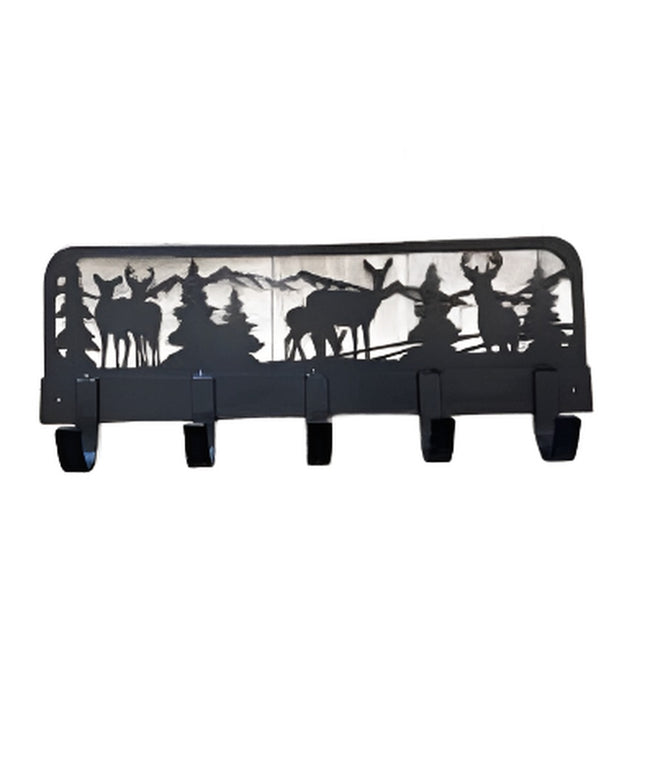 Black metal coat rack with deer silhouette scene cutout design featuring 5 hooks by Industrial Farm Co