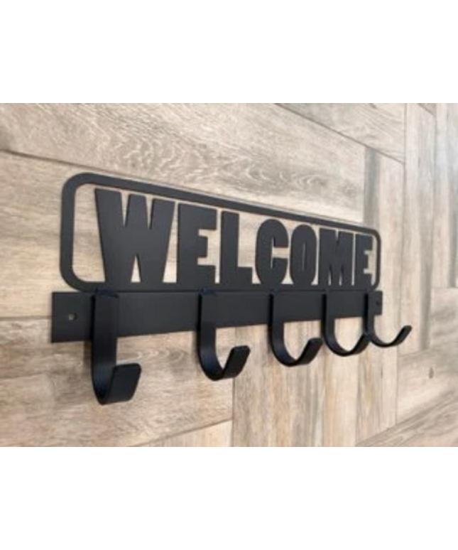 Welcome Sign Coat Rack - Hand-Welded Entryway Hanger - Rustic Home Decor