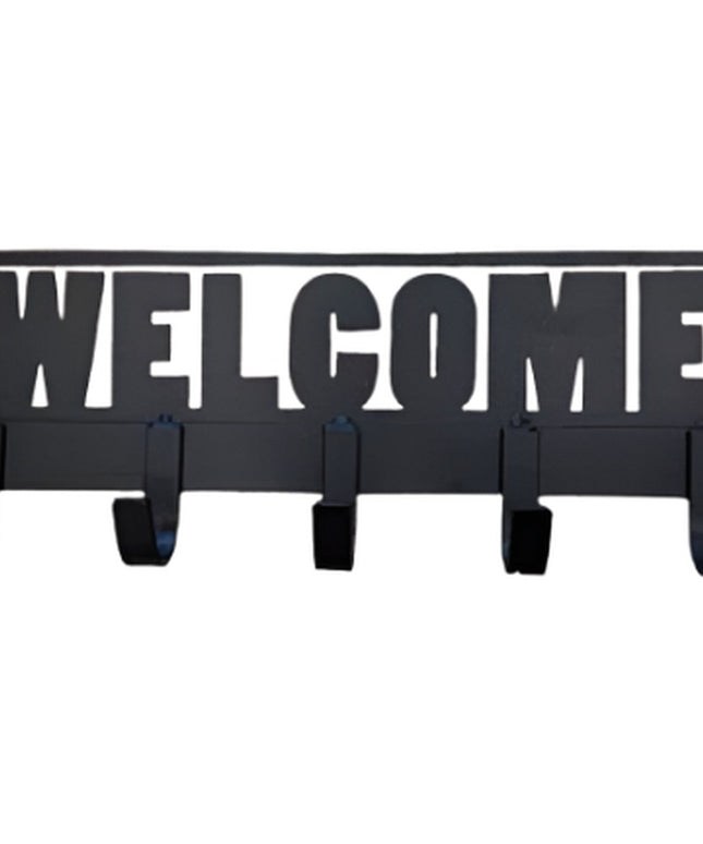 Black metal Welcome sign coat rack with 5 hooks for entryway wall mounting - Industrial Farm Co rustic home decor