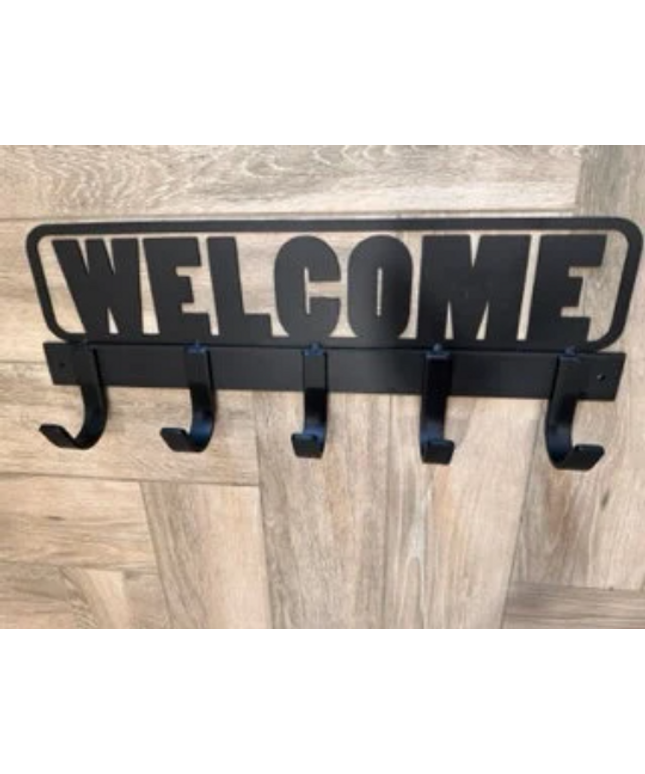 Welcome Sign Coat Rack - Hand-Welded Entryway Hanger - Rustic Home Decor