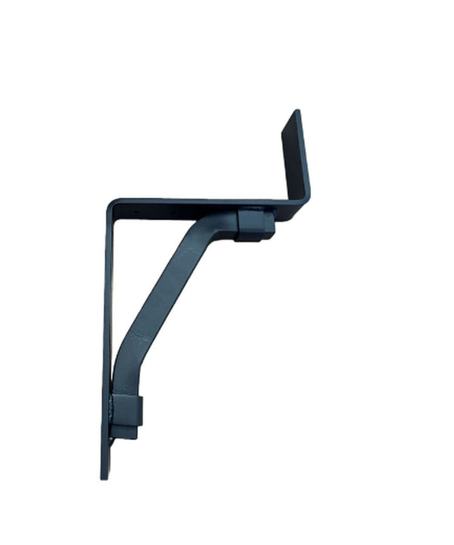 Black metal Ollie Industrial Support Bracket by Industrial Farm Co with curved diagonal brace and mounting plates on white...