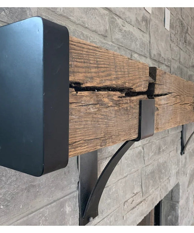 Vandiver Evergreen Tree Mantel End Caps by Industrial Farm Co - black metal decorative brackets supporting reclaimed wood ...