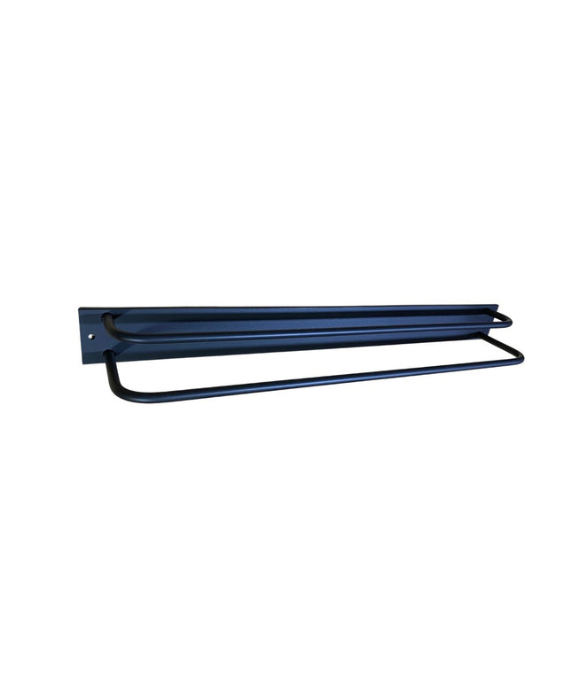 Montezuma Double Bar Towel Holder in dark blue metal with wall-mounted rectangular base and two parallel towel bars by Ind...