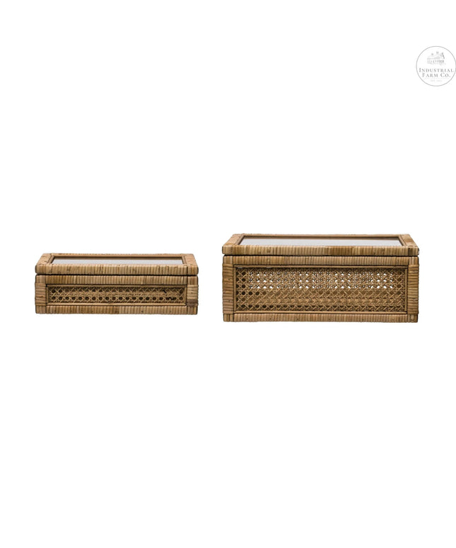 Rattan Display Box with Glass Lid - Set of Two     | Industrial Farm Co