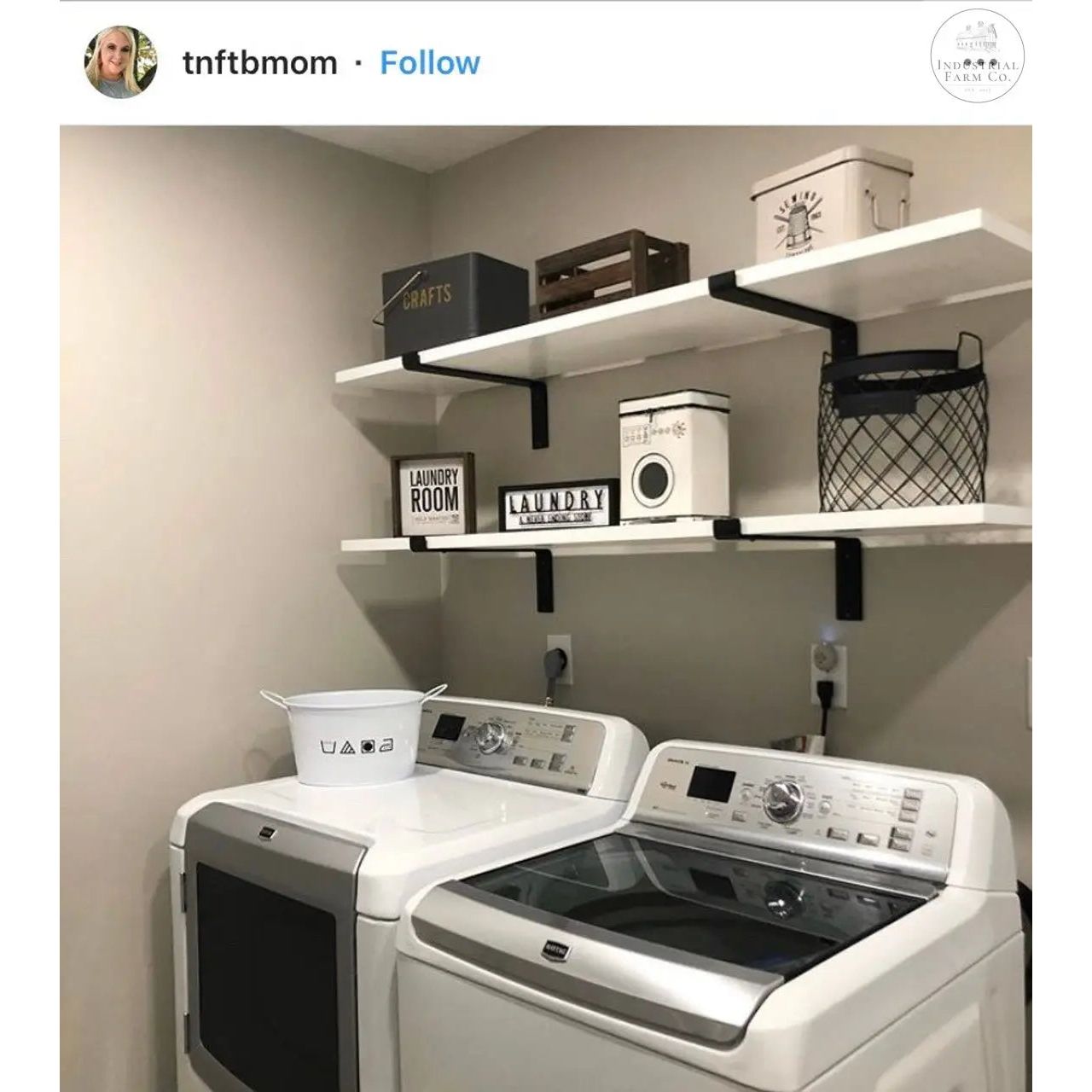 Industrial Farmhouse Shelf with Hanger Rack for Laundry Room