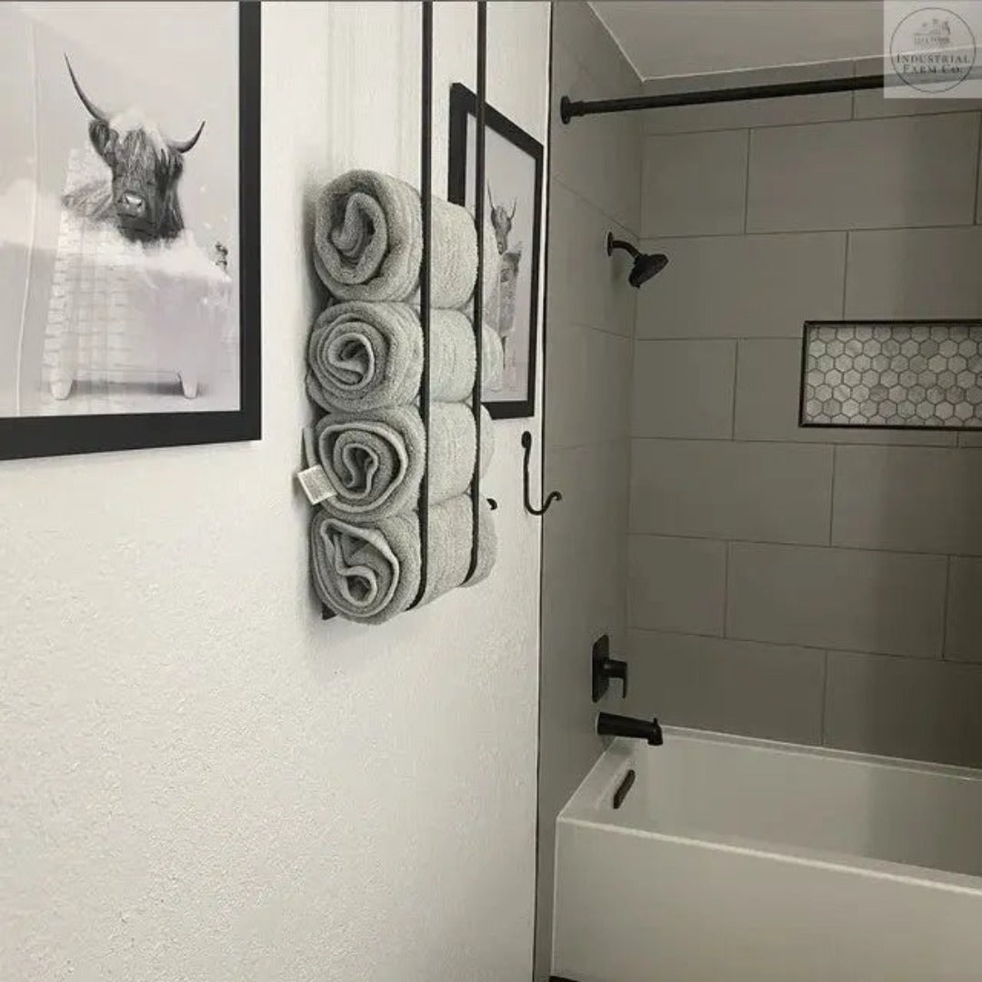 Wood & Metal Wall Mounted Bathroom Towel Rack with 6 Hooks